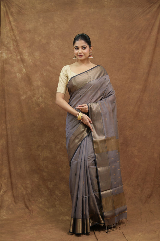 Steel Grey Maheshwari Tissue Saree with Antique Gold Border & Elegant Striped Pallu