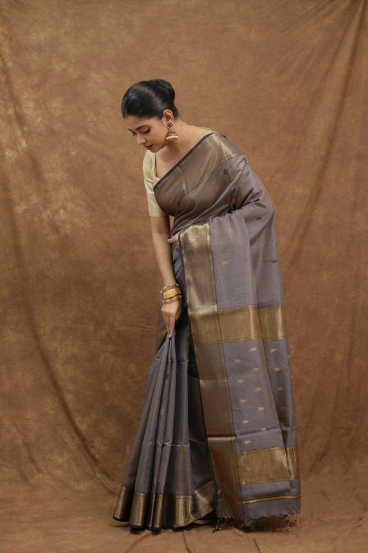 Steel Grey Maheshwari Tissue Saree with Antique Gold Border & Elegant Striped Pallu