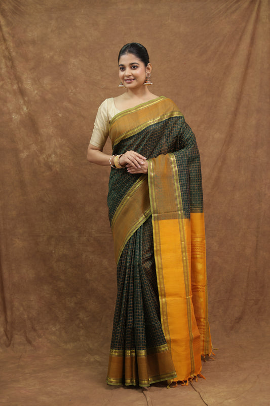 Olive Green Kanchipuram SICO Saree with Mustard Gold Border & Rich Woven Pallu