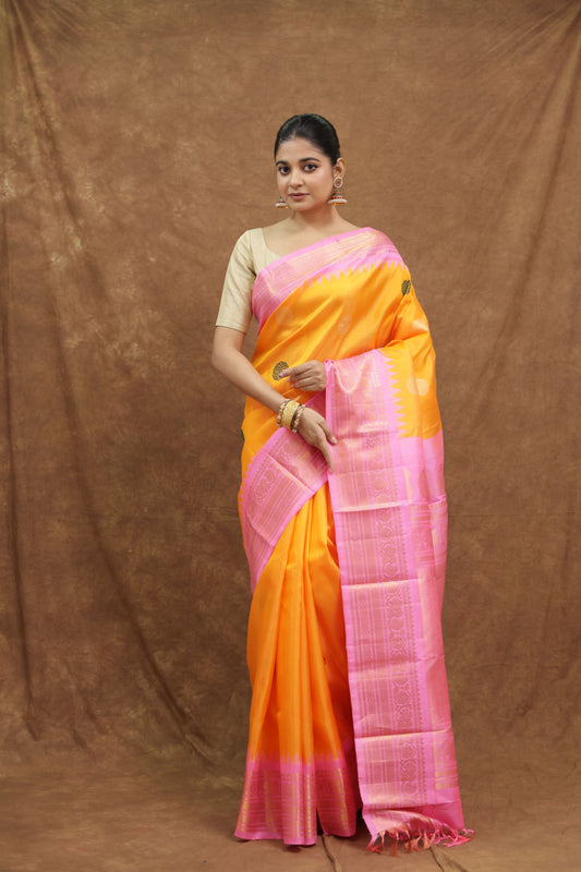 Vibrant Orange Gadwal Silk Saree with Blush Pink Border & Rich Woven Pallu