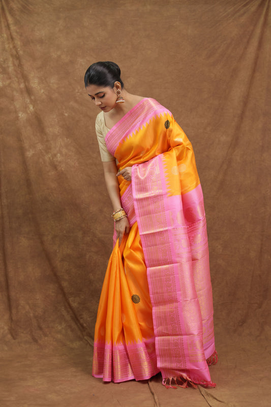 Vibrant Orange Gadwal Silk Saree with Blush Pink Border & Rich Woven Pallu