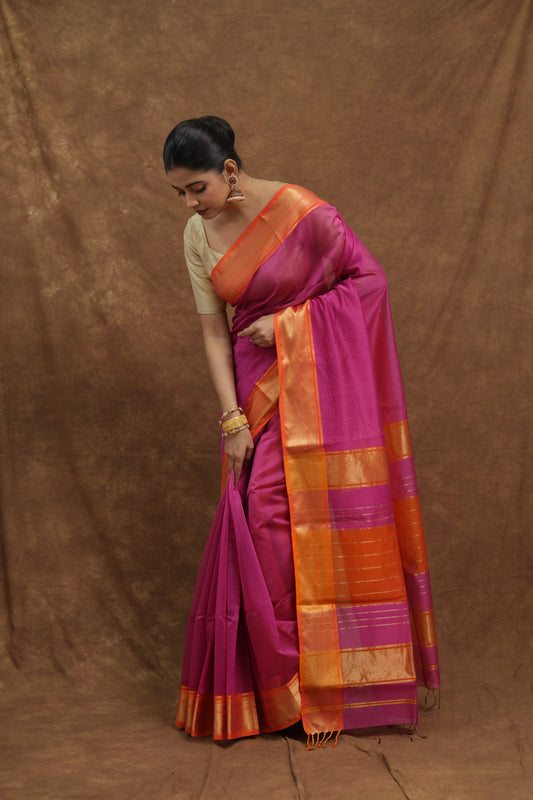 Rani Pink Maheshwari SICO Saree with Mustard Orange Border & Rich Striped Pallu