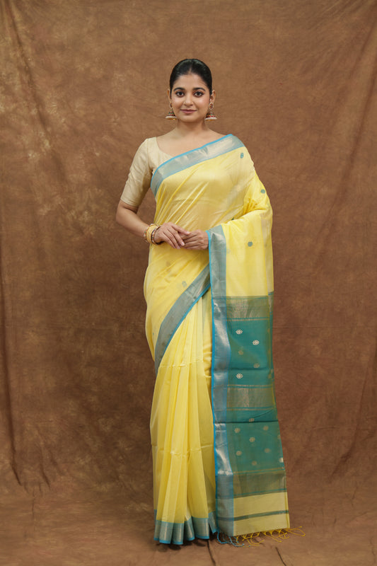Lemon Yellow Maheshwari SICO Saree with Teal Green Border & Elegant Striped Pallu