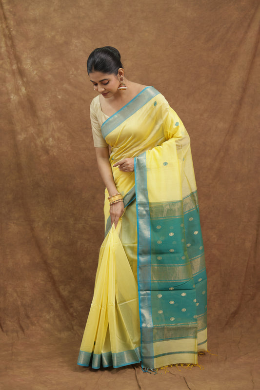 Lemon Yellow Maheshwari SICO Saree with Teal Green Border & Elegant Striped Pallu