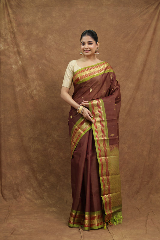 Deep Maroon Gadwal SICO Saree with Olive Green Border & Rich Gold Woven Pallu