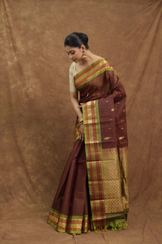 Deep Maroon Gadwal SICO Saree with Olive Green Border & Rich Gold Woven Pallu