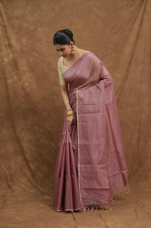 Dusty Rose Maheshwari SICO Saree with Silver Woven Border & Elegant Striped Pallu