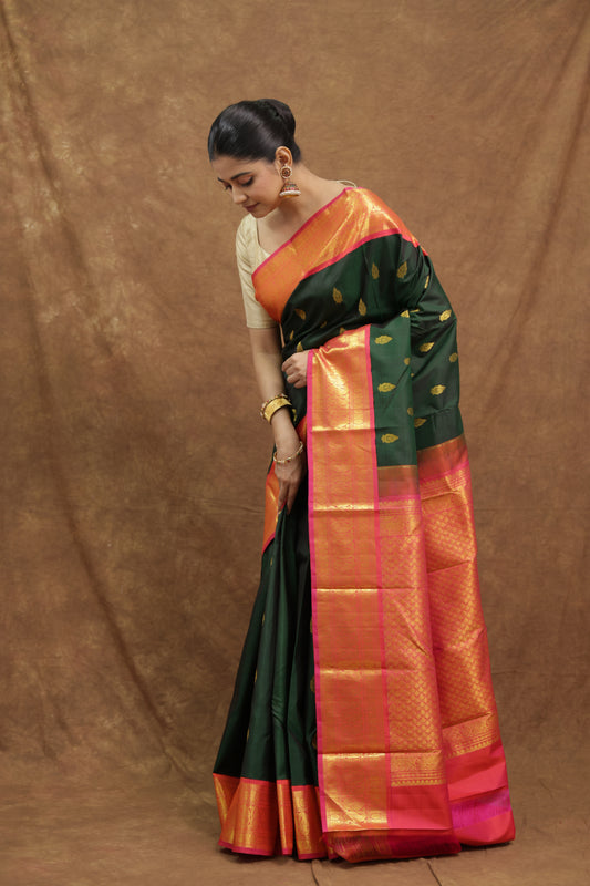 Forest Green Kanjeewaram Silk Saree with Coral Orange Border & Rich Gold Woven Pallu