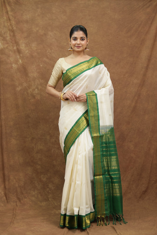 Off-White Kanchipuram SICO Saree with Emerald Green Border & Rich Woven Pallu