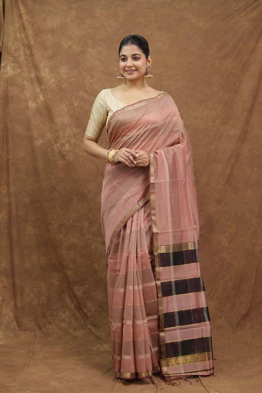 Dusty Rose Maheshwari SICO Saree with Black Striped Pallu