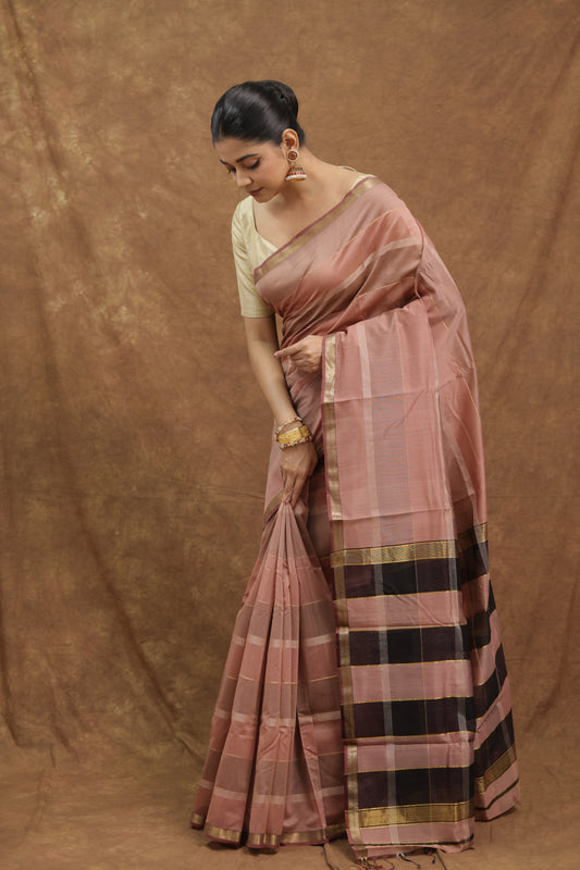 Dusty Rose Maheshwari SICO Saree with Black Striped Pallu