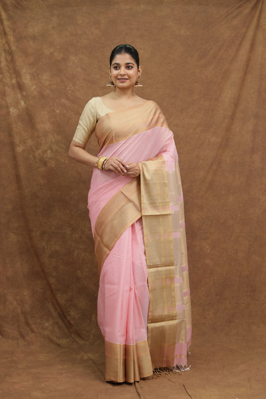 Blush Pink Maheshwari SICO Saree with Beige Border & Elegant Pallu