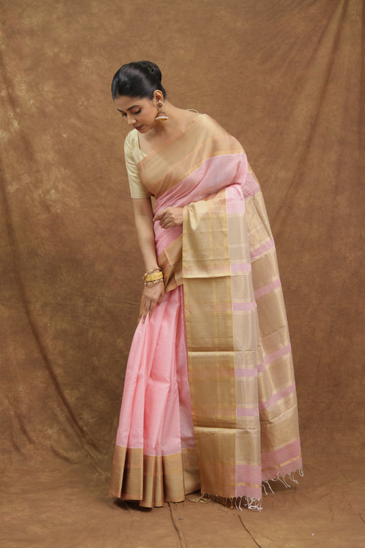 Blush Pink Maheshwari SICO Saree with Beige Border & Elegant Pallu
