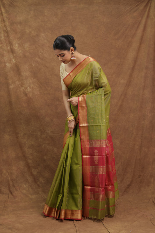 Olive Green Maheshwari SICO Saree with Magenta Woven Pallu