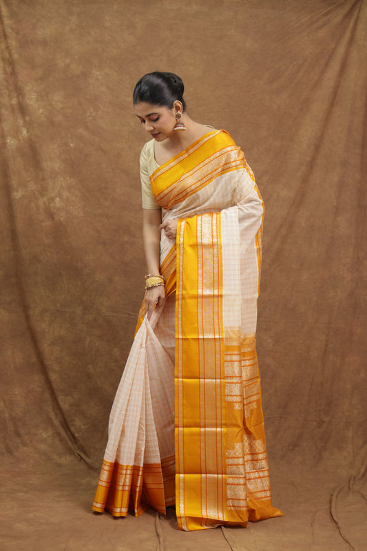 Ivory Kanjeewaram SICO Saree with Mustard Yellow Border & Checked Pallu