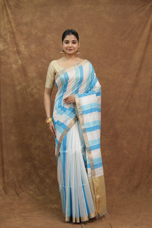 Sky Blue Maheshwari SICO Saree with Beige Striped Pallu