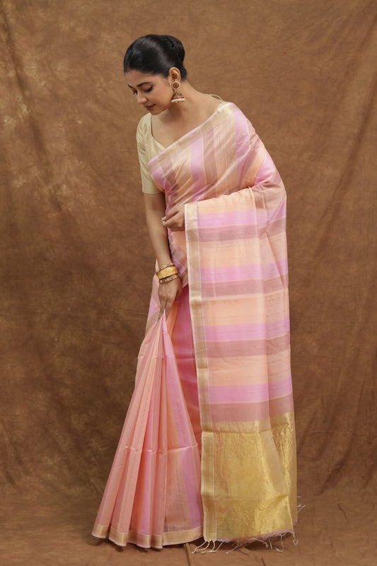 Blush Pink Maheshwari SICO Saree with Pastel Striped Pallu