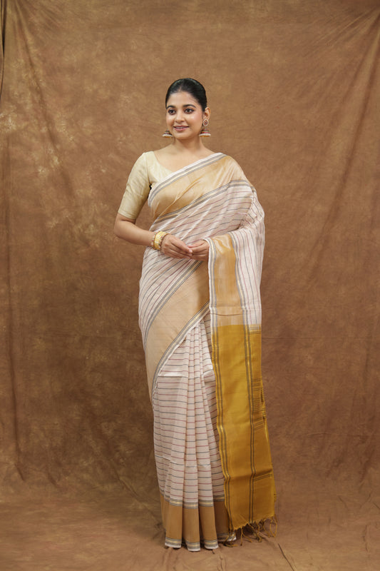 Beige Kanchipuram SICO Saree with Mustard Gold Border & Textured Pallu