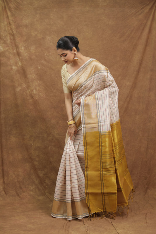 Beige Kanchipuram SICO Saree with Mustard Gold Border & Textured Pallu