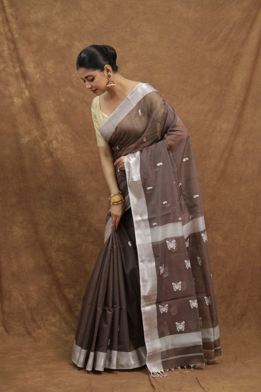 Chocolate Brown Kanchipuram SICO Saree with Silver Grey Border & Woven Pallu