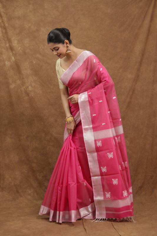 Rani Pink Maheshwari SICO Saree with Silver Border & Woven Pallu