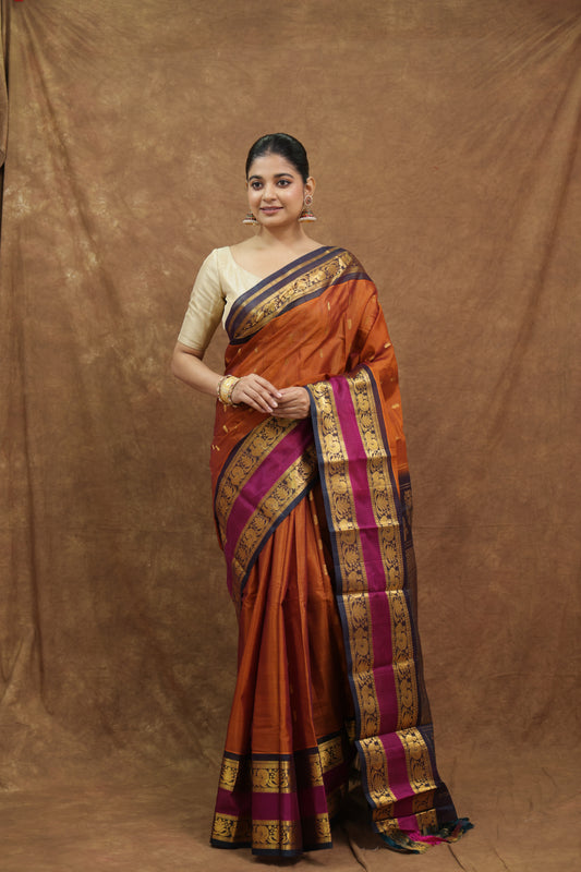 Rust Orange Gadwal SICO Saree with Purple Woven Border & Rich Pallu