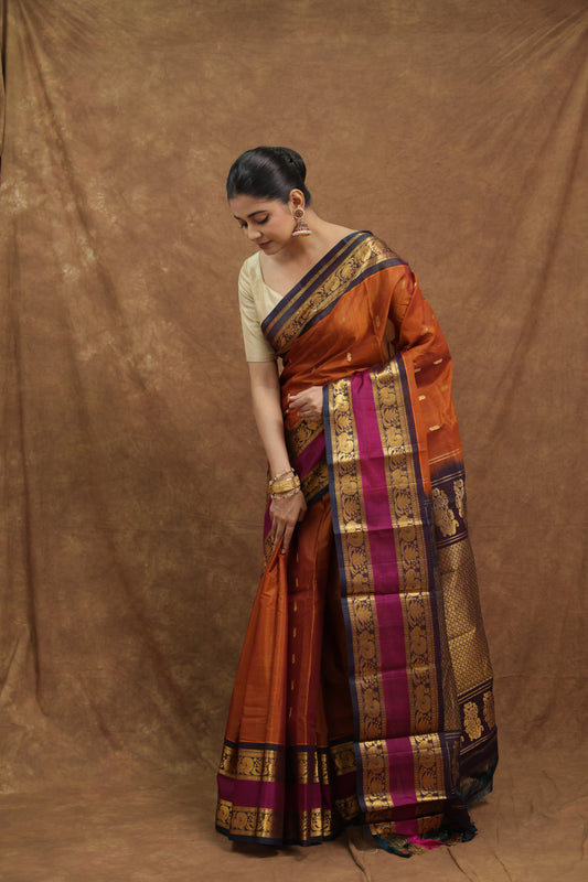 Rust Orange Gadwal SICO Saree with Purple Woven Border & Rich Pallu