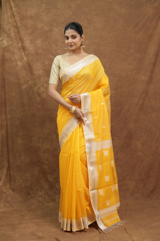 Mustard Yellow Maheshwari SICO Saree with Ivory Woven Border & Checked Pallu
