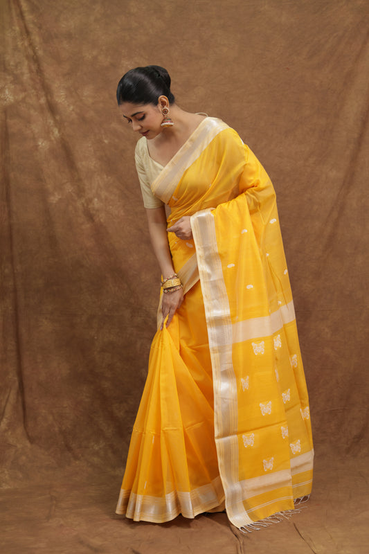 Mustard Yellow Maheshwari SICO Saree with Ivory Woven Border & Checked Pallu