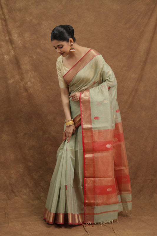 Sage Green Maheshwari SICO Saree with Coral Woven Border & Rich Pallu