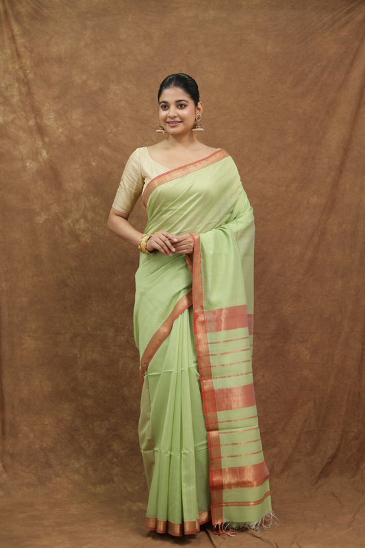 Mint Green Maheshwari SICO Saree with Coral Woven Border & Striped Pallu