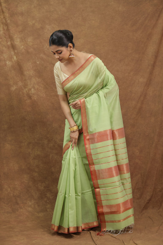 Mint Green Maheshwari SICO Saree with Coral Woven Border & Striped Pallu