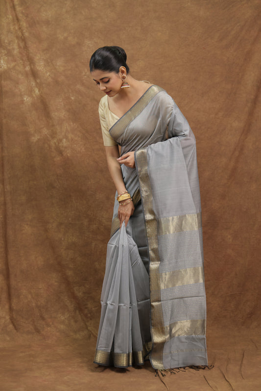 Slate Grey Maheshwari SICO Saree with Beige Woven Border & Striped Pallu