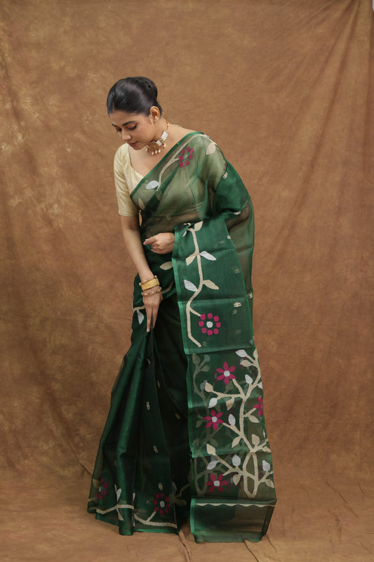 Forest Green Muslin Silk Saree with Floral Woven Design & Rich Pallu