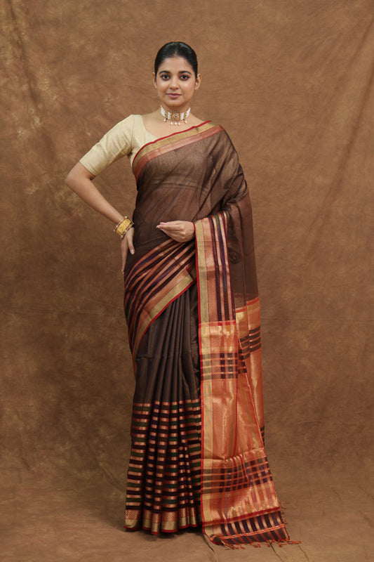 Coffee Brown Maheshwari Tissue Saree with Copper Striped Border & Rich Pallu