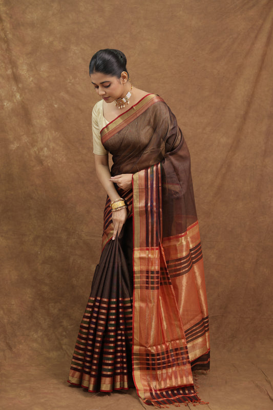 Coffee Brown Maheshwari Tissue Saree with Copper Striped Border & Rich Pallu