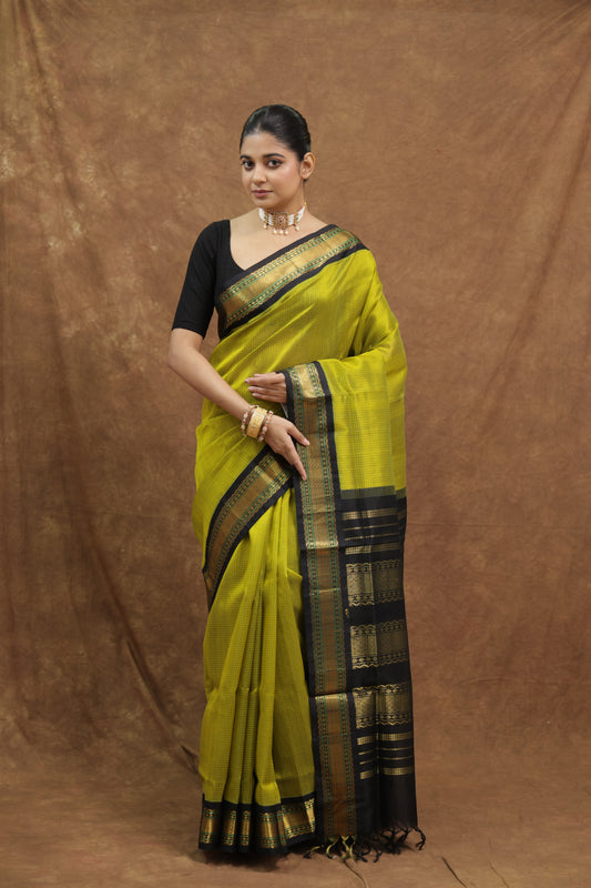 Olive Green Kanchipuram SICO Saree with Black Woven Border & Rich Pallu
