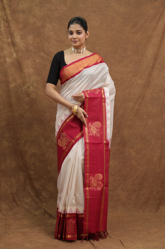 Ivory White Kanchipuram SICO Saree with Rani Pink Woven Border & Rich Pallu