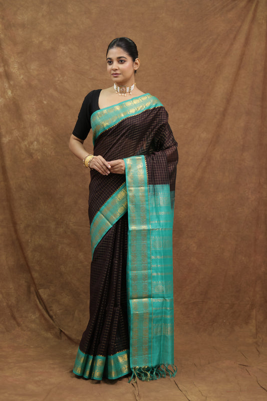 Chocolate Brown Kanchipuram SICO Saree with Turquoise Blue Checked Pallu