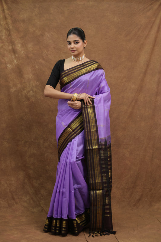 Lavender Purple Kanchipuram SICO Saree with Black & Mustard Woven Border