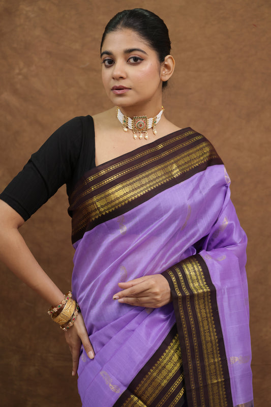 Lavender Purple Kanchipuram SICO Saree with Black & Mustard Woven Border
