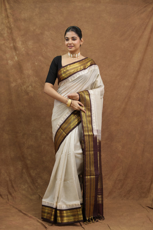 Ivory White Kanchipuram SICO Saree with Black & Mustard Woven Border