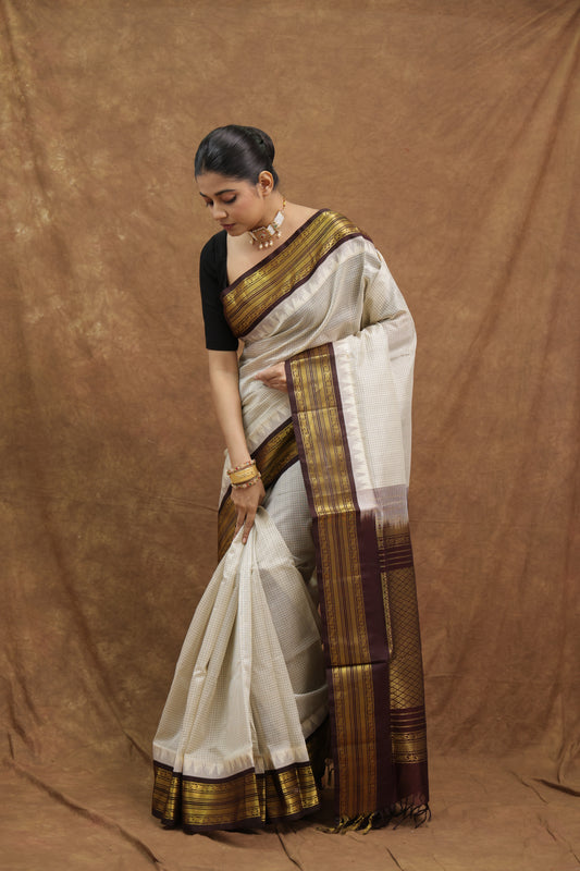 Ivory White Kanchipuram SICO Saree with Black & Mustard Woven Border
