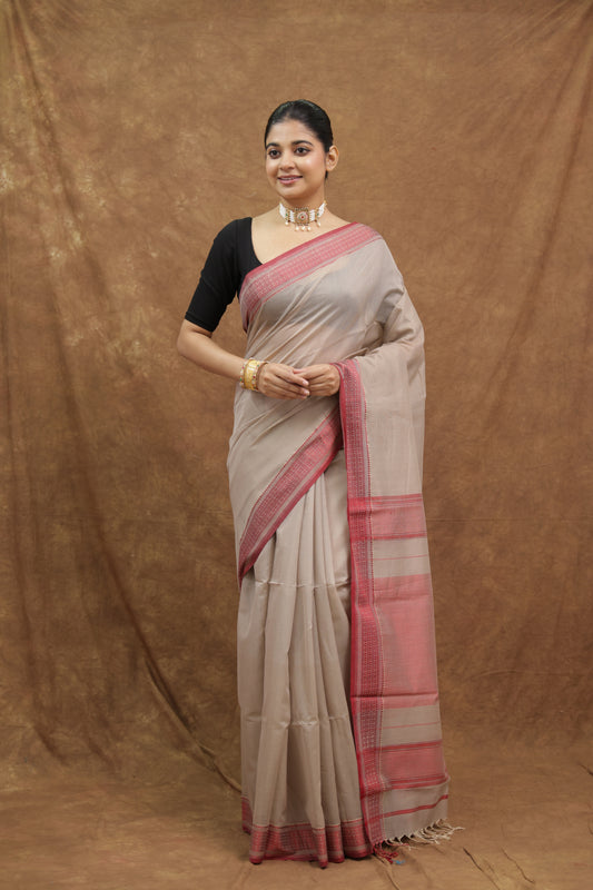 Stone Beige Maheshwari SICO Saree with Coral Pink Woven Border & Striped Pallu