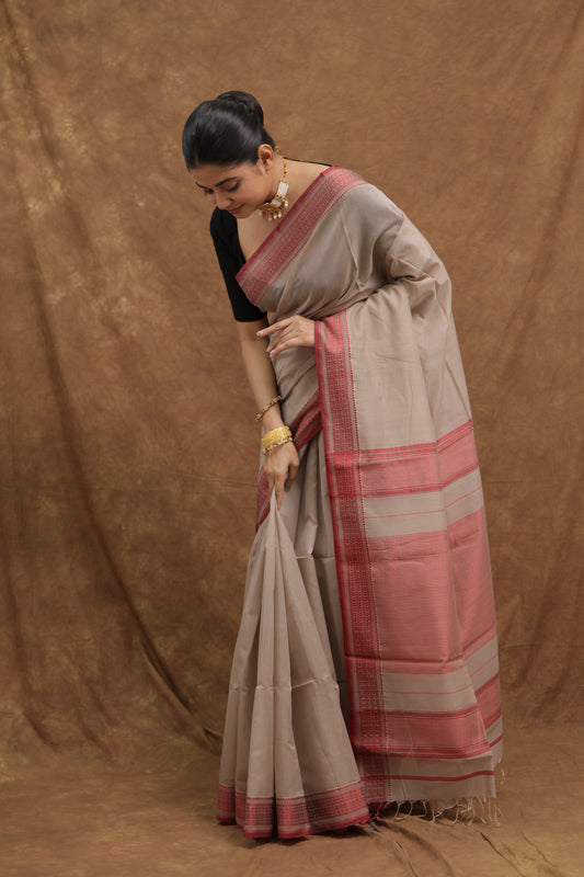 Stone Beige Maheshwari SICO Saree with Coral Pink Woven Border & Striped Pallu