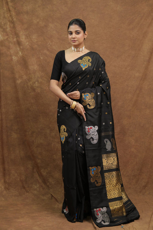 Midnight Black Gadwal Silk Saree with Multicolor Floral Motifs & Rich Woven Pallu