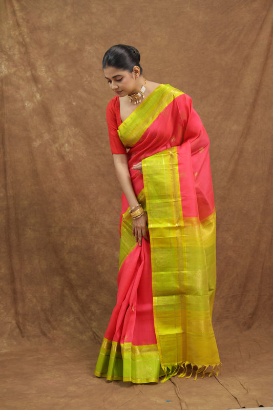 Vibrant Pink Saree with Lime Green Border