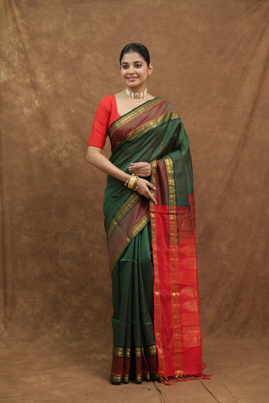 Emerald Green Kanchipuram SICO Saree with Crimson Red Woven Pallu & Border
