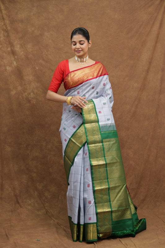 Pearl Blue Kanjeewaram Silk Saree with Emerald Green Border & Rich Woven Pallu