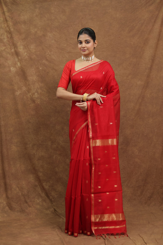 Crimson Red Maheshwari SICO Saree with Gold Woven Border & Elegant Pallu